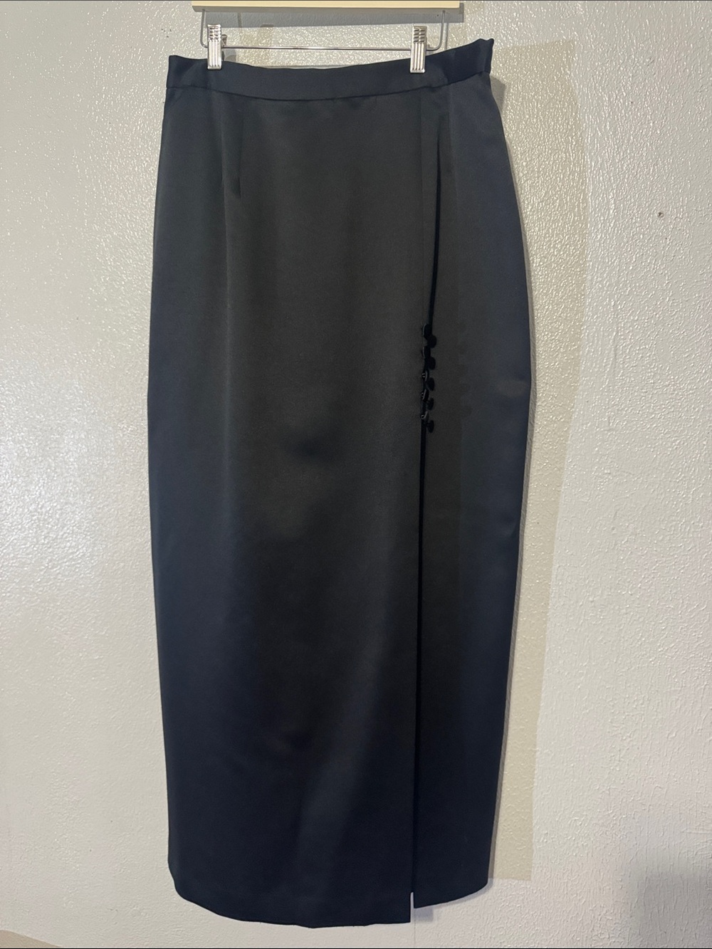 Alex Evenings Formal Black Satin Maxi Skirt Button Side Slit Long Size 16